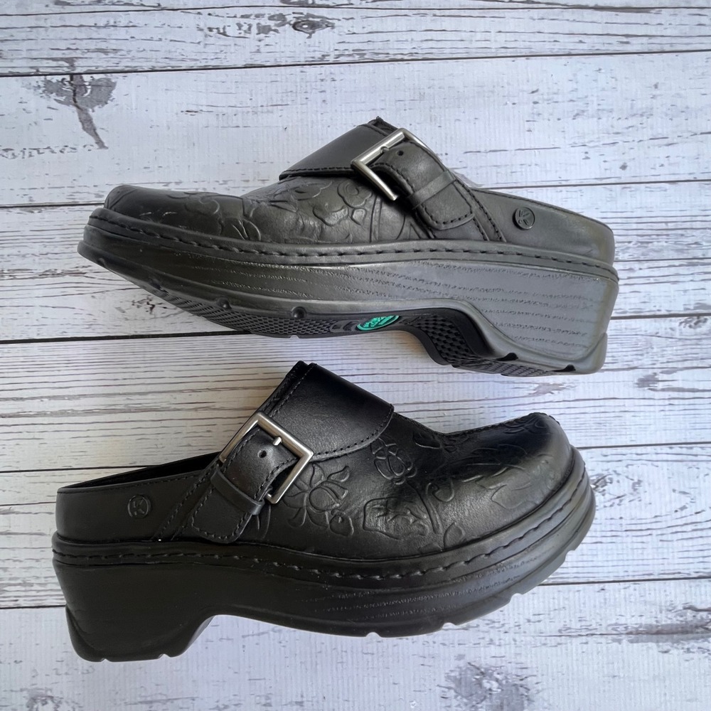 Klogs Austin Black Leather Floral Embossed Nursing Clogs Mules Womens 7.5 Medium